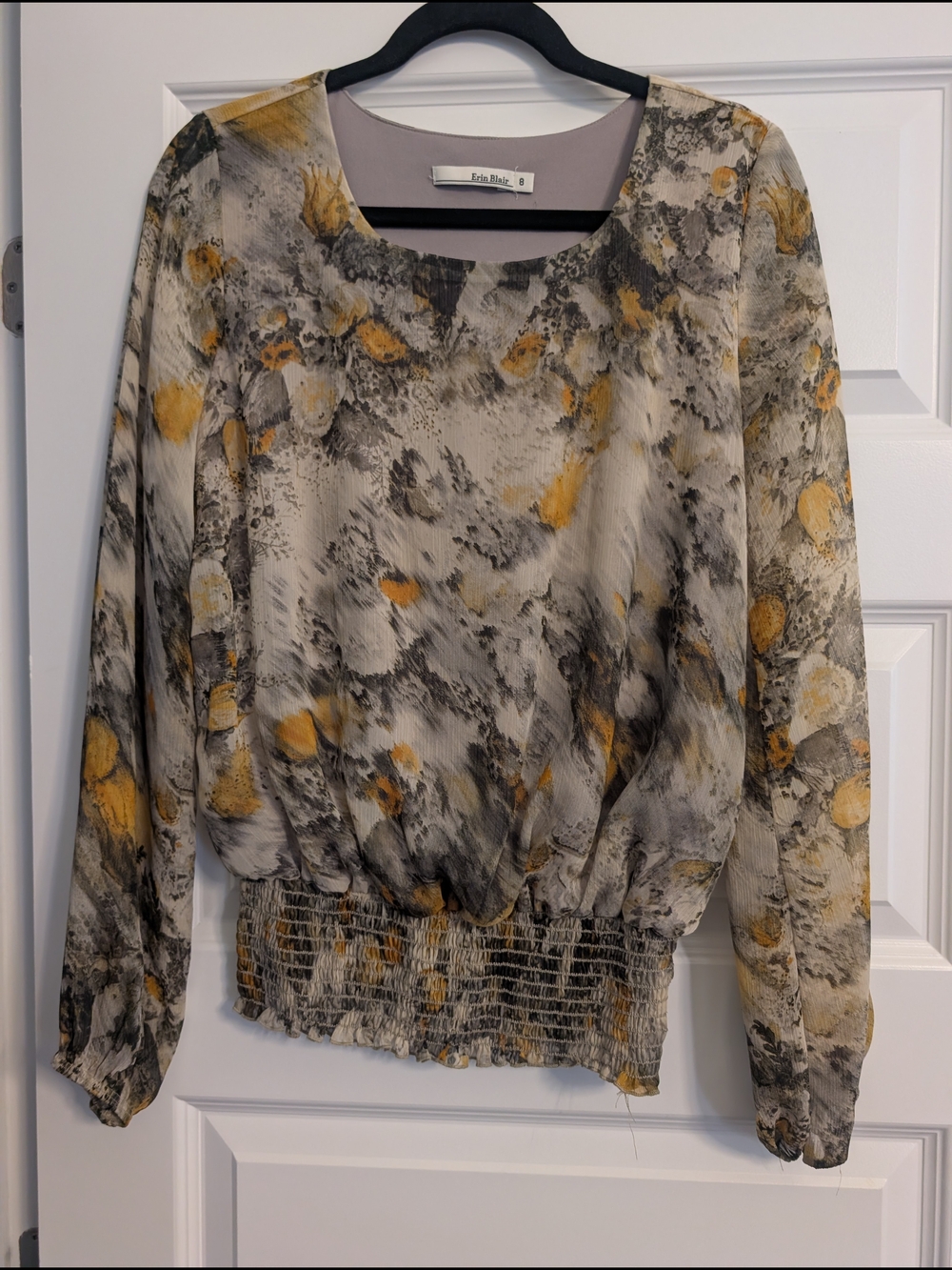 Erin Blair Women's Long Sleeve Smocked Hem Blouse - Yellow/Gray Floral